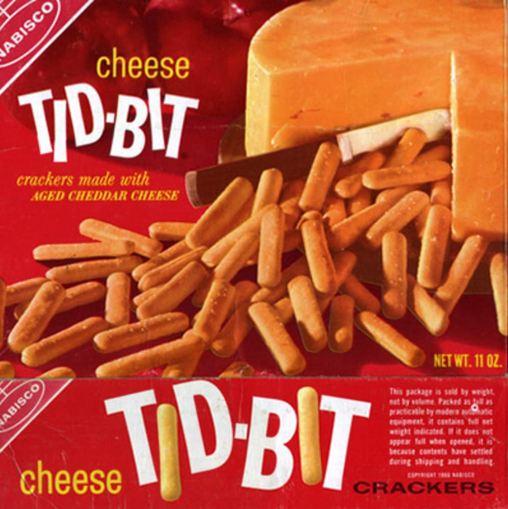 1970's snacks - Rabisco Abisco cheese Tid Bit crackers made with Aged Cheddar Cheese cheese Tidbit Net Wt. 11 Oz. This package is sold by weight not by volume. Packed as all as practicable by moderatic equipment, it contains full set weight indicated. If 